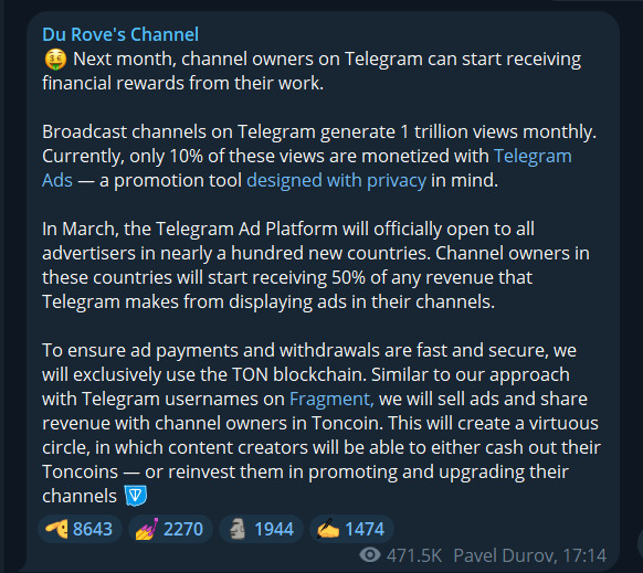 kanallar, monetizatsiya, telegram