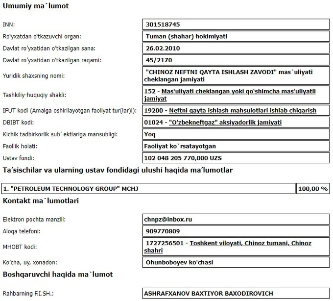 приватизация, узбекнефтегаз, чиназский нпз