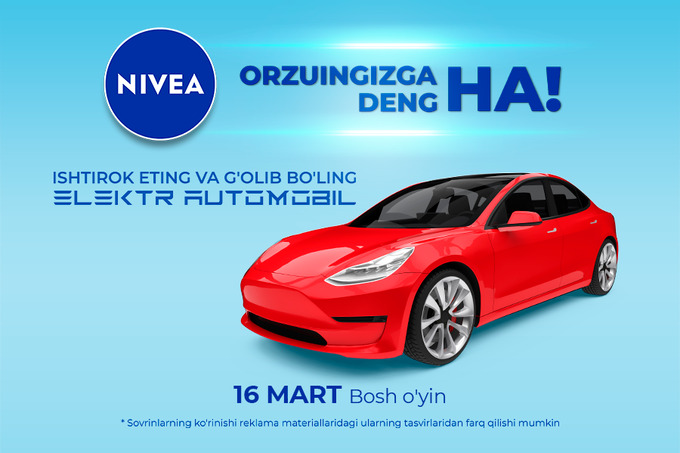 Nivea Tesla Model 3 bosh sovrini bilan “Orzungizga ha deng” aksiyasini o‘tkazmoqda