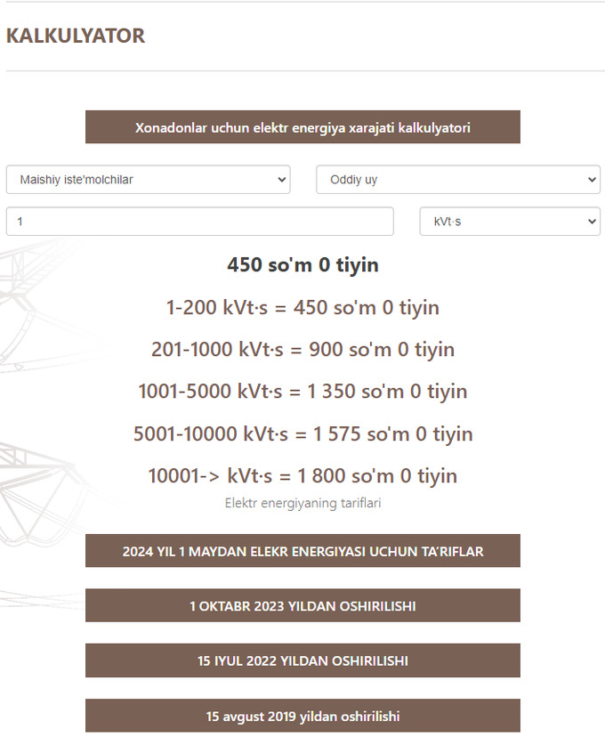 elektr energiyasi, hududiy elektr tarmoqlari, kalkulyator