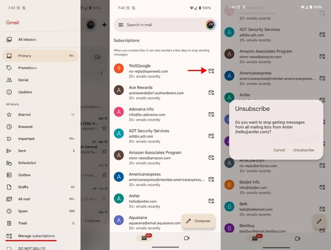 gmail, obuna, bekor qilish