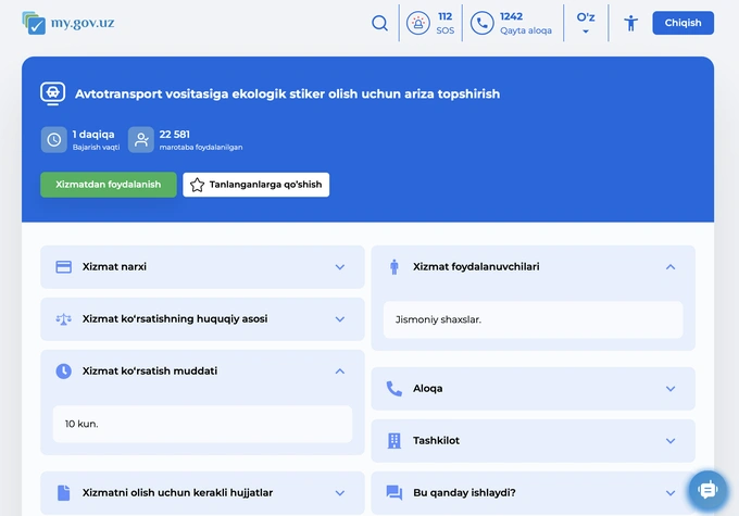 avtomobillar, eko-stiker, ekostiker, mygov, qo'llanma, yagona portal