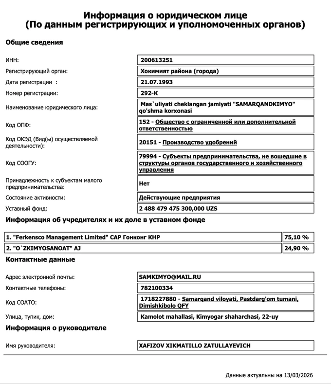 самаркандкимё, удобрения, узкимесаноат, химпром