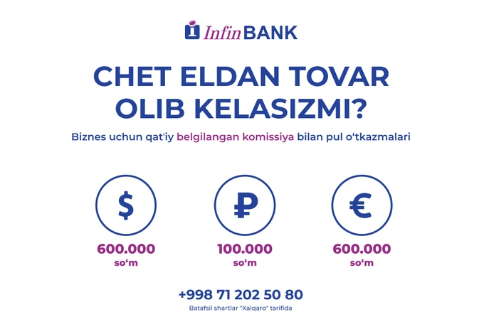 InfinBANK biznes uchun xalqaro pul o‘tkazmalariga qat’iy belgilangan to‘lovni joriy qildi