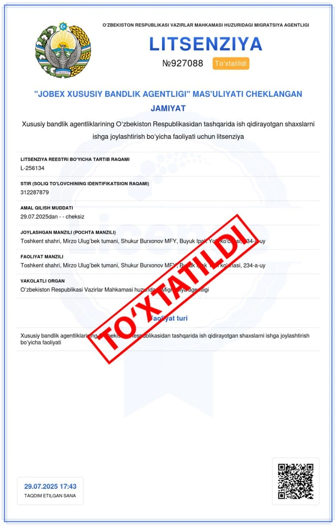 litsenziya, migratsiya agentligi, xususiy bandlik agentligi