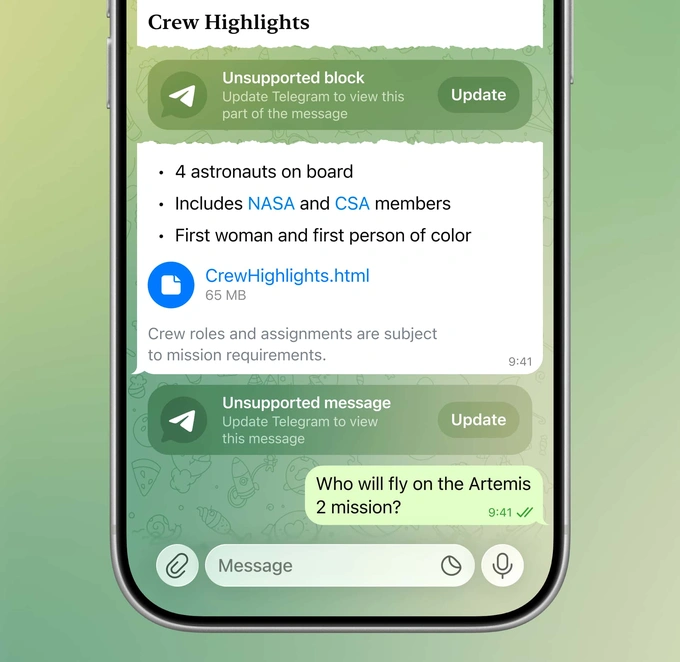 telegram, yangilanish